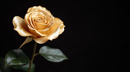 Elegant golden rose blooming against a dark background, showcasing natural beauty and romance, perfect for love expressions and decorative purposes.の素材