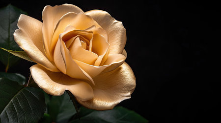 This stunning image captures a golden rose in full bloom, showcasing intricate petals and rich textures against a soft black background, perfect for various elegant themes.の素材