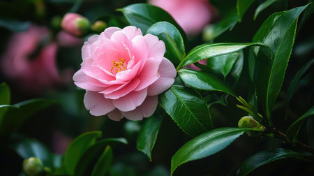 A stunning closeup of a delicate pink camellia blossom surrounded by lush green foliage, capturing the serene beauty of nature in full bloom.の素材