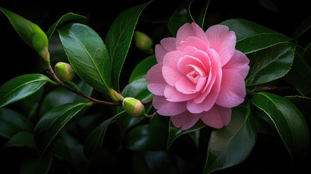A stunning close-up of a pink camellia flower, highlighting its delicate petals and rich green leaves, creates a serene atmosphere perfect for nature lovers.の素材