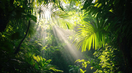 A tranquil view of a lush jungle filled with vibrant green leaves and sunlight streaming through the canopy, creating a peaceful and serene atmosphere in nature.の素材