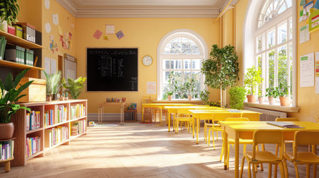 This image showcases a bright and inviting classroom filled with yellow desks and shelves of books, complemented by greenery and ample natural light.の素材