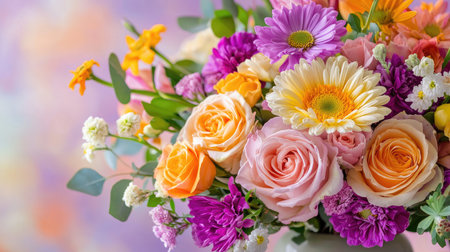 This stunning floral arrangement features an assortment of vibrant roses, daisies, and seasonal blooms, perfect for adding a touch of beauty to any setting.の素材