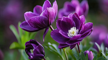 A stunning capture of vibrant purple flowers emerging in a lush garden, showcasing nature's beauty and the elegance of spring blooms in a tranquil setting.の素材