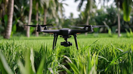 A high-tech drone captures stunning aerial views above a vibrant rice field in a tropical setting. The lush greenery and palm trees create an idyllic scene.の素材