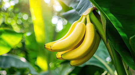 A beautiful cluster of ripe, yellow bananas hangs gracefully from lush green foliage in a sun-drenched tropical setting, showcasing nature's bounty.の素材