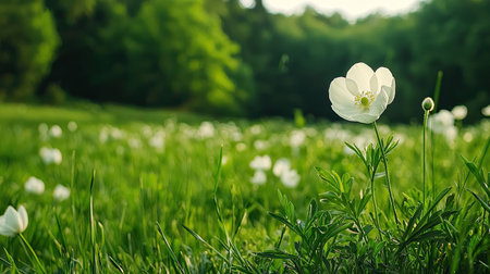 A beautiful single white flower stands gracefully in a vibrant green meadow, capturing the essence of serenity and natural beauty in soft sunlight.の素材