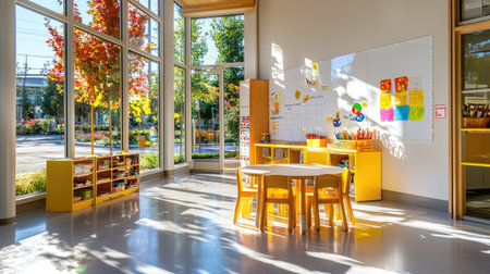 A bright and cheerful classroom bathed in natural sunlight, featuring colorful furniture and art supplies, perfect for fostering creativity and learning.の素材