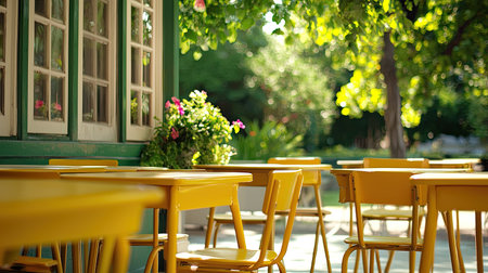 A picturesque scene depicting a charming outdoor cafe setting featuring bright yellow tables and chairs. Surrounded by lush greenery and colorful flowers, the ambiance is inviting and relaxed. Perfect for enjoying a sunny afternoon surrounded by nature.の素材