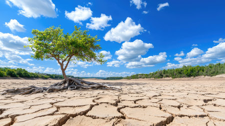 A singular tree stands resiliently on cracked, dry earth contrasting against a vibrant blue sky filled with fluffy clouds, symbolizing the battle against drought.の素材