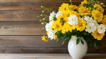 A stunning arrangement of bright yellow and white flowers in a classic vase, set against a rustic wooden background, perfect for home decoration.の素材