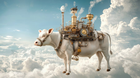 A whimsical scene featuring a mechanical cow equipped with steam engines and gears, floating majestically among fluffy clouds in a bright blue sky.の素材