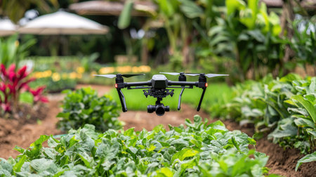 A drone operates above a vibrant agricultural field, capturing an aerial view of green crops thriving in a lush tropical environment, showcasing modern farming technology.の素材