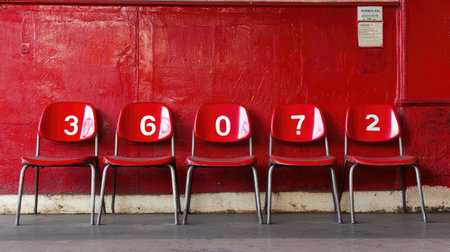 This captivating image features a row of red chairs displaying the numbers 36072, set against a vibrant red wall, showcasing modern design and bold color.の素材