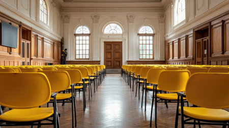 A beautifully designed classroom interior showcasing rows of bright yellow chairs. The elegant architectural details, large windows, and wooden paneling create a welcoming educational environment.の素材