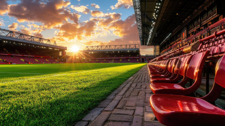 An empty stadium scene captures a breathtaking sunset, showcasing red seats lined up next to a pristine green field. Dramatic clouds enhance the atmosphere.の素材