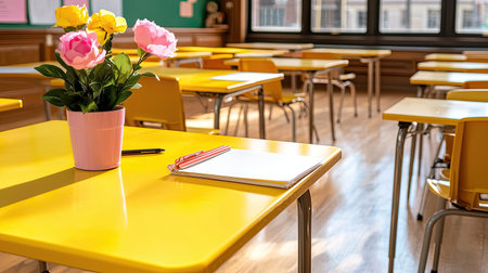 A bright and inviting classroom featuring yellow desks arranged neatly, a colorful flower pot on a table, and stationery items ready for use.の素材