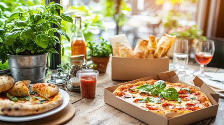 A beautifully arranged table featuring a freshly baked pizza with pepperoni and cheese, surrounded by basil, sauces, and appetizing breads, creating a cozy dining atmosphere.の素材