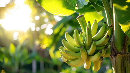 A close-up view of a bunch of fresh green bananas growing on a tropical plant, surrounded by lush foliage and illuminated by warm sunlight.の素材