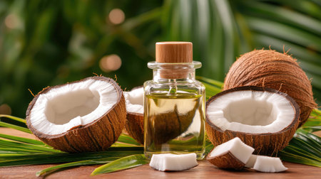 A stunning arrangement of coconut oil in a glass bottle next to fresh coconut halves and pieces on a wooden surface surrounded by tropical leaves.の素材