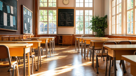 A bright and welcoming classroom scene bathed in natural light. The spacious room features wooden desks and chairs, perfect for a productive learning environment.の素材