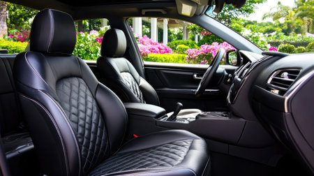 This stunning car interior showcases luxurious black leather seats with elegant detailing, set against a vibrant garden backdrop, offering a serene driving experience.の素材