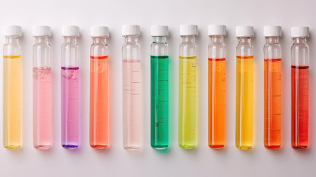 This image features an array of colorful liquid samples in transparent test tubes, ideal for representing scientific research and experimentation in chemistry.の素材