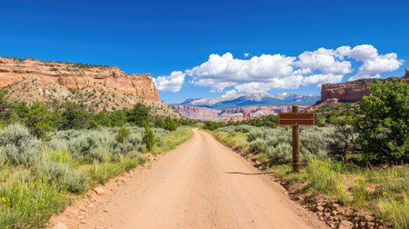 A stunning view of a dirt road winding through a vibrant desert landscape, framed by mountains and a clear blue sky. A perfect scene for nature lovers.の素材