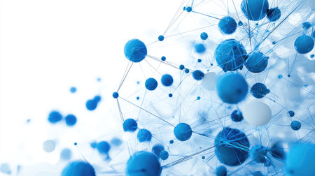 An abstract visualization of a blue molecular network featuring interconnected spheres and lines, representing concepts in technology and science, suitable for modern designs.の素材