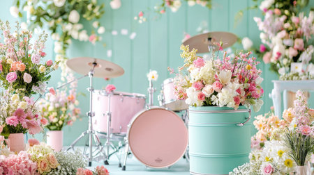A stunning display of colorful flower arrangements surrounds a charming pink drum set, creating a vibrant and festive atmosphere perfect for celebrations.の素材