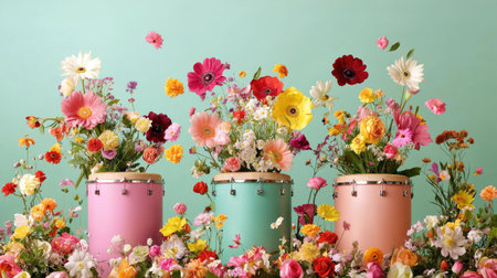 This artistic photograph features vibrant flowers arranged in colorful drums against a soft mint background, perfect for uplifting home decor and design inspiration.の素材