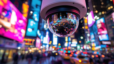 A close-up of a surveillance camera prominently positioned over Times Square, capturing the lively atmosphere of New York City at night with colorful billboards.の素材