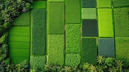 A stunning aerial view of vibrant green rice fields showcases a patchwork of agricultural patterns, highlighting the beauty of nature and sustainable farming practices.の素材