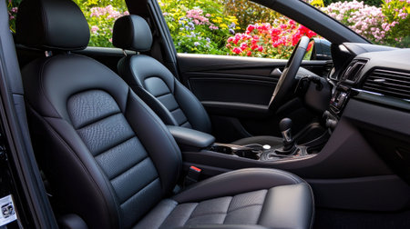 An inviting view of a luxurious black leather car interior showcasing modern features, providing comfort surrounded by vibrant flowers in a serene environment.の素材