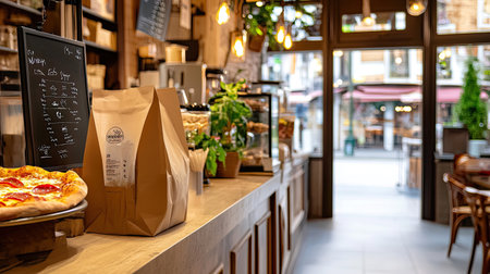A stylish bakery interior featuring a wooden counter adorned with fresh pizza, brown takeaway bags, and vibrant plants, creating a warm ambiance.の素材