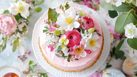 A stunning cake adorned with vibrant flowers and soft pink frosting, perfect for celebrations, evoking a fresh and inviting atmosphere.の素材