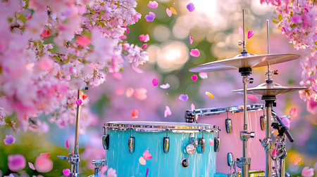 A captivating drum set nestled among blooming cherry trees during spring, with colorful petals dancing in the air, creating a joyful and serene atmosphere.の素材