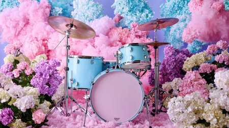 A stunning drum set in soft pastel blue is surrounded by an explosion of colorful flowers, creating an enchanting garden atmosphere perfect for artistic projects.の素材