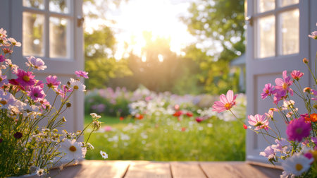 A picturesque view of a stunning garden filled with colorful flowers, framed by open doors that invite warm sunlight and a sense of tranquility.の素材