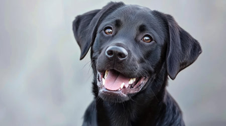 This image features a joyful black Labrador dog with a bright smile, showcasing its friendly nature and warm personality. A perfect choice for pet enthusiasts.の素材