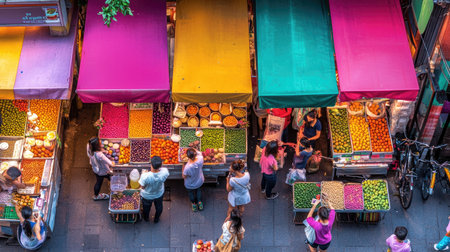 A vibrant urban market showcases colorful stalls filled with fresh fruits and vegetables while people engage in shopping and socializing.の素材