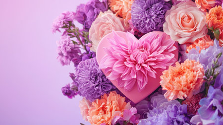 This stunning floral arrangement showcases a heart-shaped decoration surrounded by vibrant pink and purple flowers against a soft pastel backdrop, ideal for conveying love and beauty.の素材
