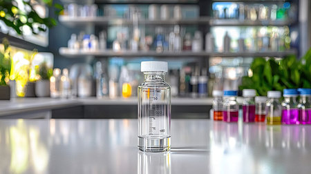 A clear glass vial with precise measurement markings is centered on a bright table inside a modern laboratory filled with colorful samples and scientific instruments.の素材