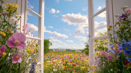 A beautiful scene showcasing vibrant spring flowers blooming outside open windows. The clear blue sky filled with fluffy clouds enhances the serene atmosphere, inviting tranquility.の素材