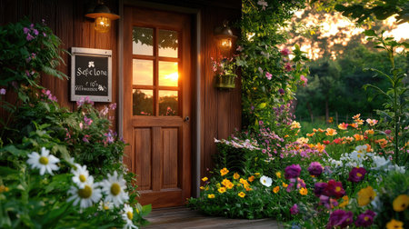 A picturesque wooden door nestled in a vibrant garden filled with colorful flowers, bathed in warm sunset light, exuding charm and tranquility.の素材