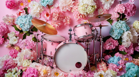 A charming pink drum set nestled among a vivid array of colorful flowers creates a vibrant and festive atmosphere, perfect for celebrations and artistic projects.の素材