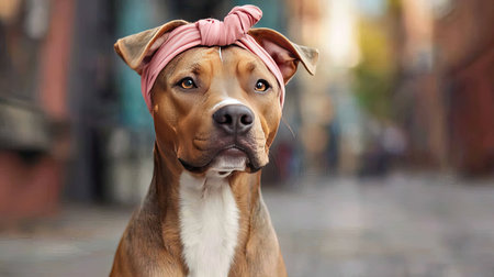 A charming dog wears a stylish pink headband, posing on a city street. The soft natural light highlights its features, creating a warm and inviting image.の素材