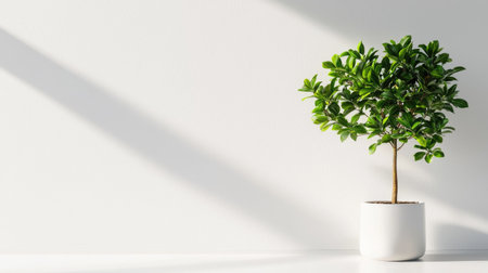A serene indoor scene featuring a minimalist green plant in a simple white pot, beautifully illuminated by natural light casting gentle shadows.の素材