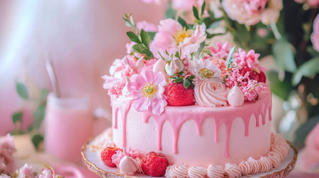 An exquisite pink cake adorned with fresh flowers and strawberries, ideal for special events, celebrations, and delightful treats. A vision of sweetness!の素材