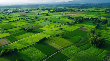 Capture the essence of rural beauty with an aerial view of lush green fields and distinct crop patterns under a bright blue sky. The scene embodies tranquility and the splendor of nature in a vibrant landscape, showcasing the harmony between agriculture and the environment.の素材